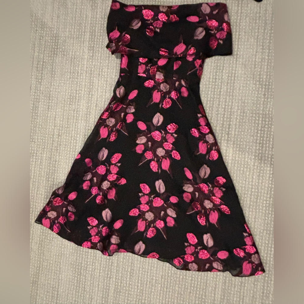 Lela Rose Black and Pink Floral Off Shoulder Midi Dress